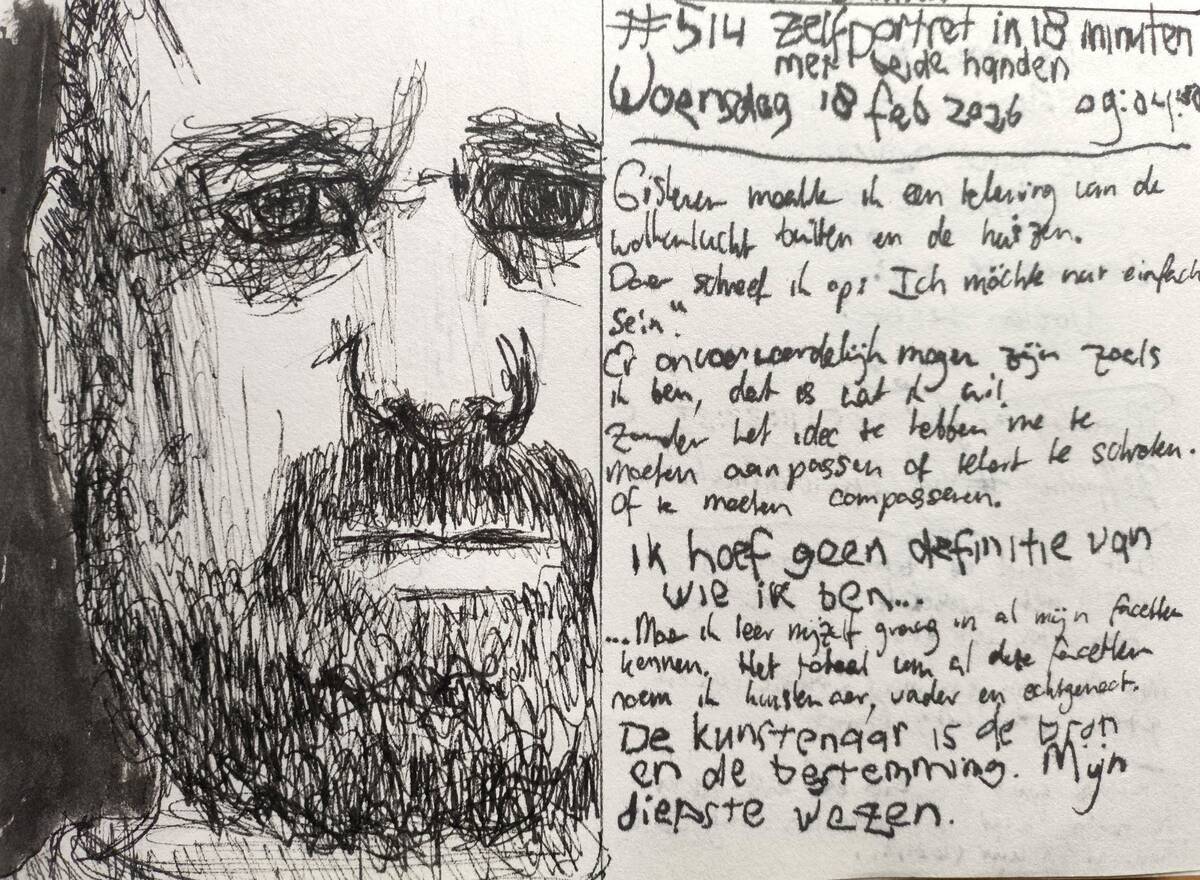 Zelfportret #514 door Edward Kobus, gemaakt met Oost-Indische inkt op A6-formaat