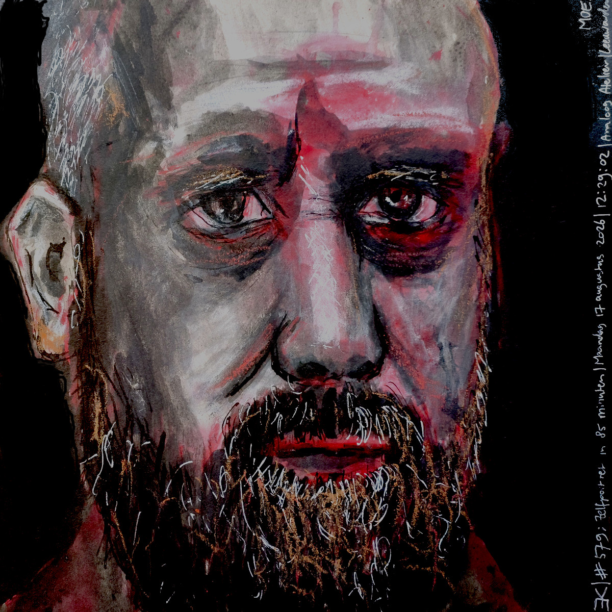 Zelfportret #576 door Edward Kobus, gemaakt met Oost-Indische inkt en rode ecoline op A4-formaat