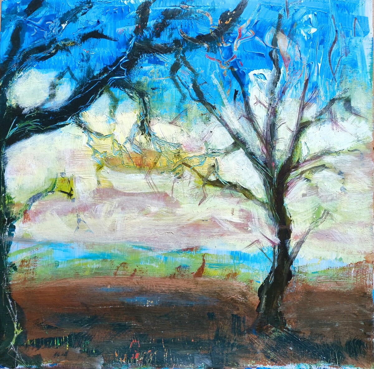 Schilderij 'Twee Bomen' op een pizzadoos door Edward Kobus: expressionistisch landschap met twee bomen op de voorgrond