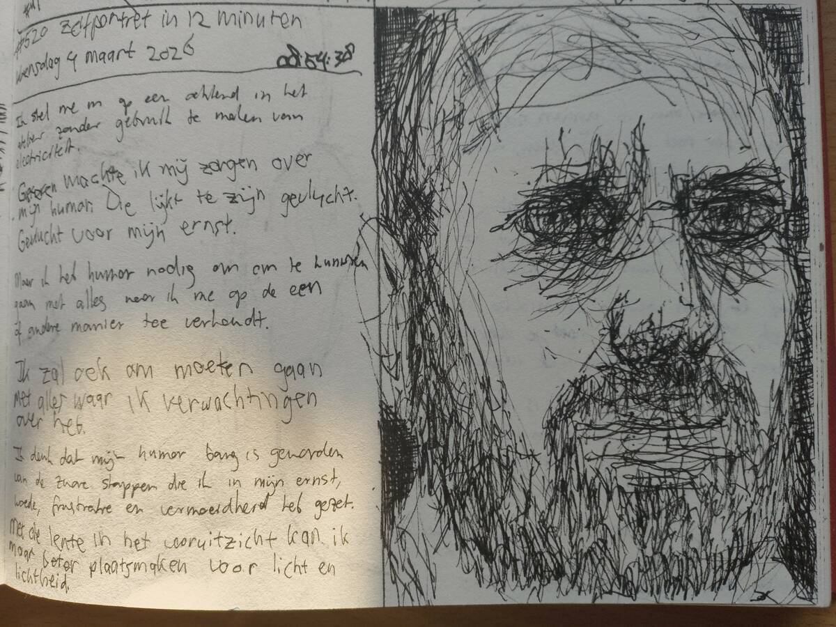 Zelfportret #520 door Edward Kobus, gemaakt met Oost-Indische inkt op A6-formaat